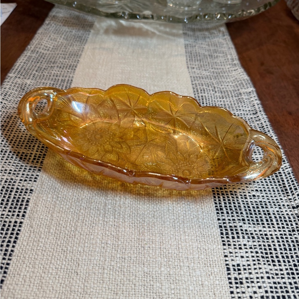 Vintage Marigold Carnival Glass Relish Dish – Indiana Glass Lily Pons Pattern